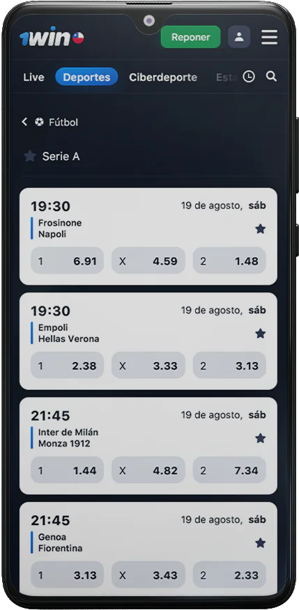 Captura de pantalla de las apuestas en la aplicación 1Win