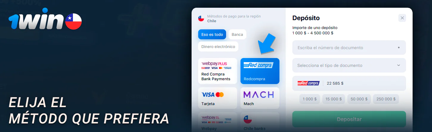 Elija un método para ingresar fondos en su cuenta 1Win