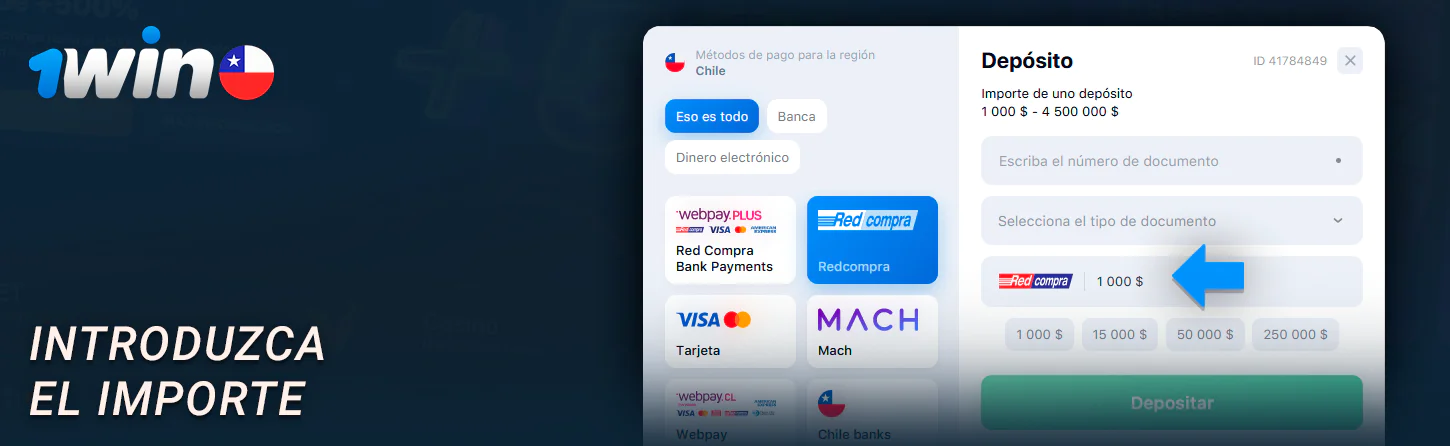 Introduzca la cantidad a depositar en 1Win